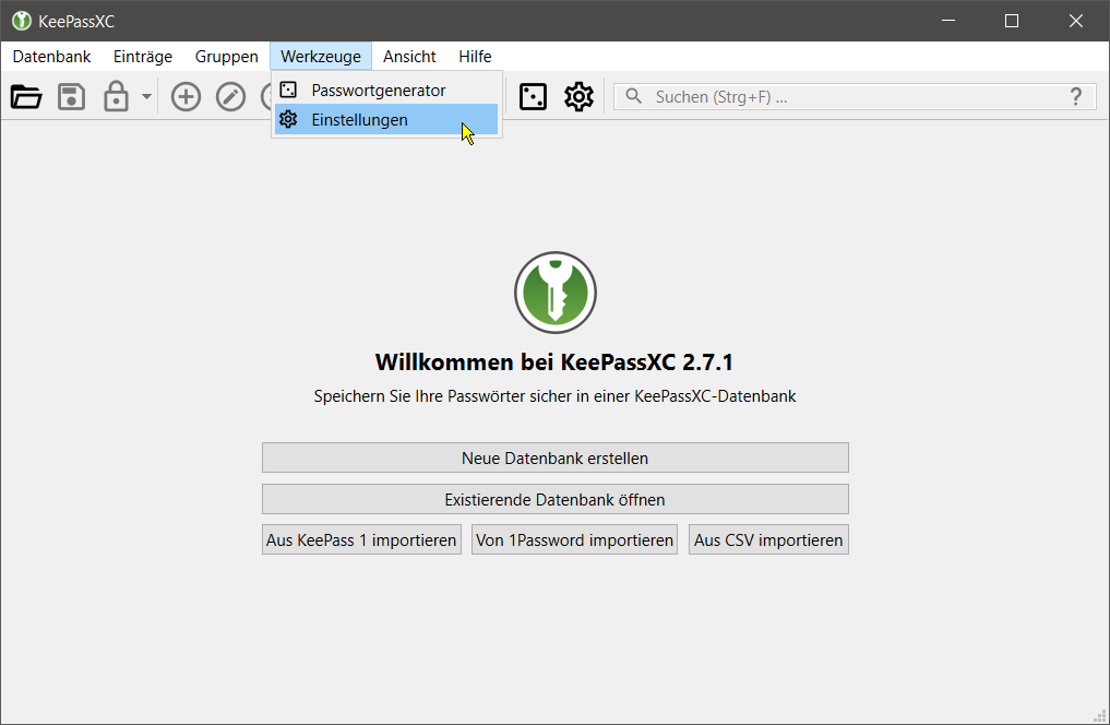 KeePassXC Hauptmenü: Werkzeuge > Einstellungen